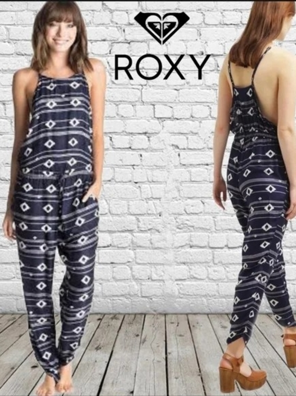 Roxy Dakota Navy and White Geometric Jumpsuit